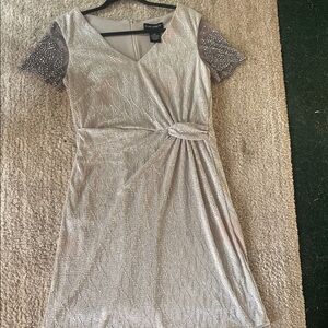 Cachet Silver Midi Dress with Embellished Sleeves